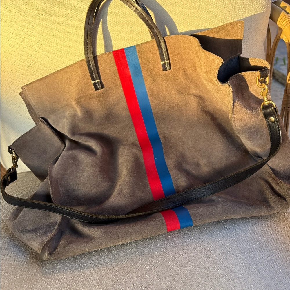 Clare V Simple Tote in Gray Suede with Red and Blue Stripe